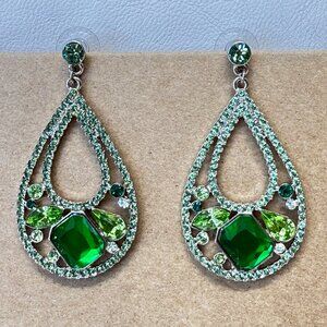 Roberta Chiarella Earrings Teardrop Green Stones Signed Silver Tone Statement